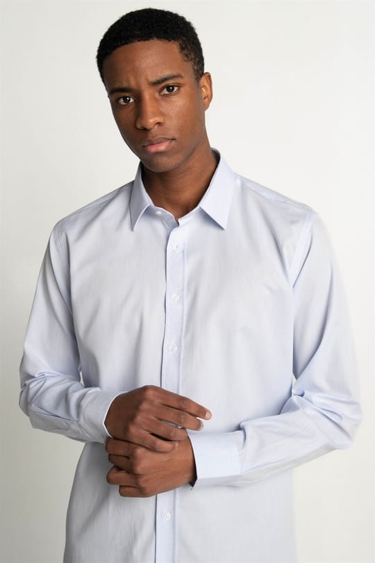 Modern Fit Uzun Kollu %100 Pamuk Armürlü Premium Erkek Mavi Gömlek