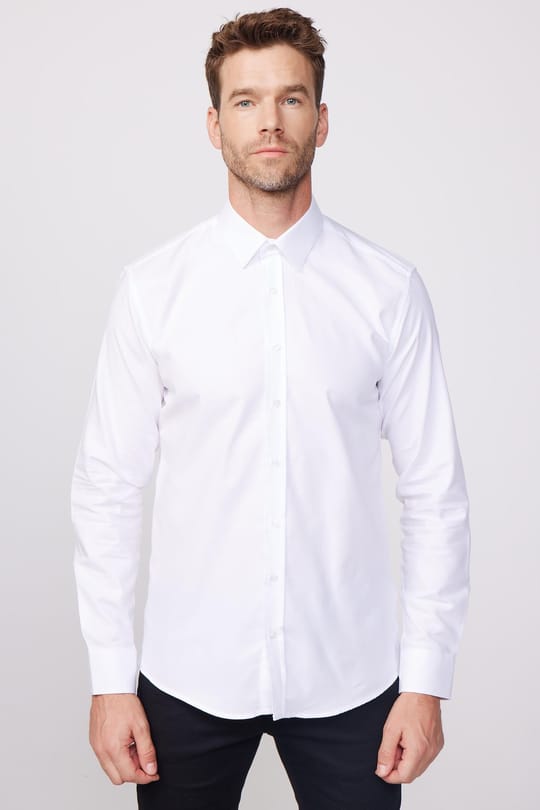 Modern Fit Uzun Kollu %100 Pamuk Armürlü Premium Erkek Beyaz Gömlek