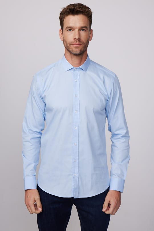 Modern Fit Uzun Kollu %100 Pamuk Armürlü Premium Erkek Mavi Gömlek