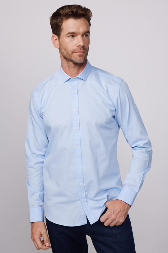 Modern Fit Uzun Kollu %100 Pamuk Armürlü Premium Erkek Mavi Gömlek