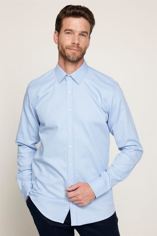 Modern Fit Uzun Kollu %100 Pamuk Armürlü Premium Erkek Mavi Gömlek