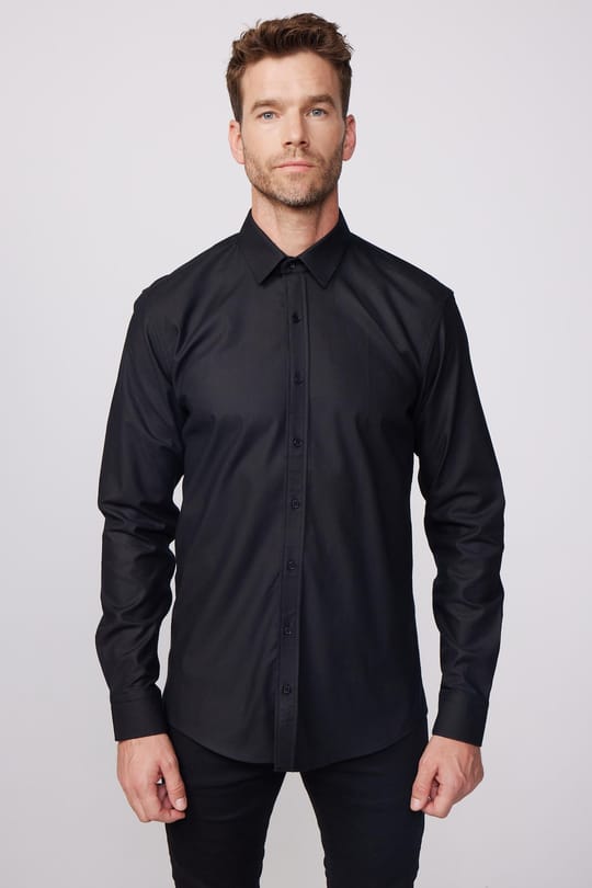 Modern Fit Uzun Kollu %100 Pamuk Armürlü Premium Erkek Siyah Gömlek