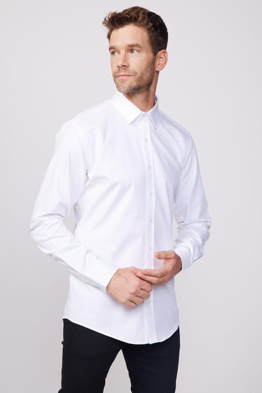 Modern Fit Uzun Kollu %100 Pamuk Armürlü Premium Erkek Beyaz Gömlek