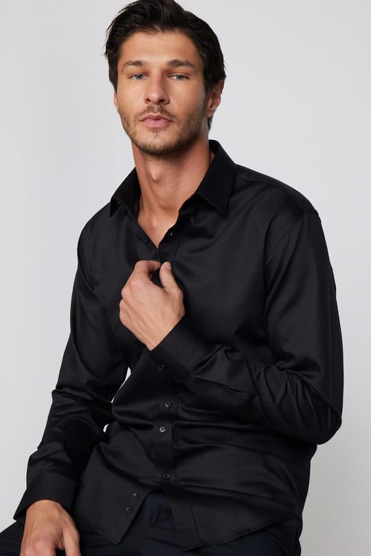 Modern Fit %100 Pamuk Armürlü Premium Siyah Erkek Gömlek