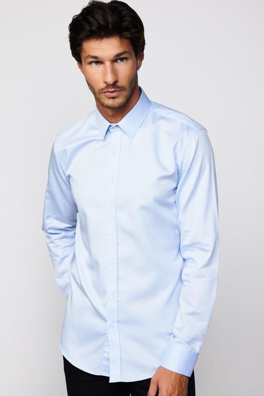 Modern Fit Uzun Kollu %100 Pamuk Armürlü Premium Mavi Erkek Gömlek