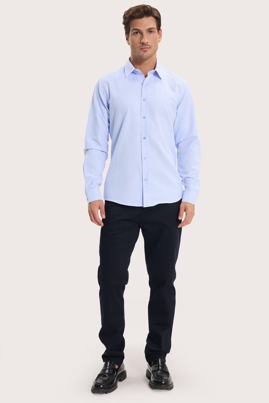 Modern Slim Fit Uzun Kollu Pamuklu Kolay Ütü Armürlü Erkek Mavi Gömlek