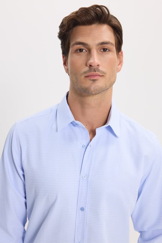 Modern Slim Fit Uzun Kollu Pamuklu Kolay Ütü Armürlü Erkek Mavi Gömlek