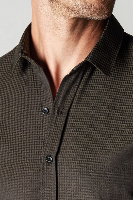Modern Slim Fit Uzun Kollu Pamuklu Kolay Ütü Armürlü Erkek Haki Gömlek