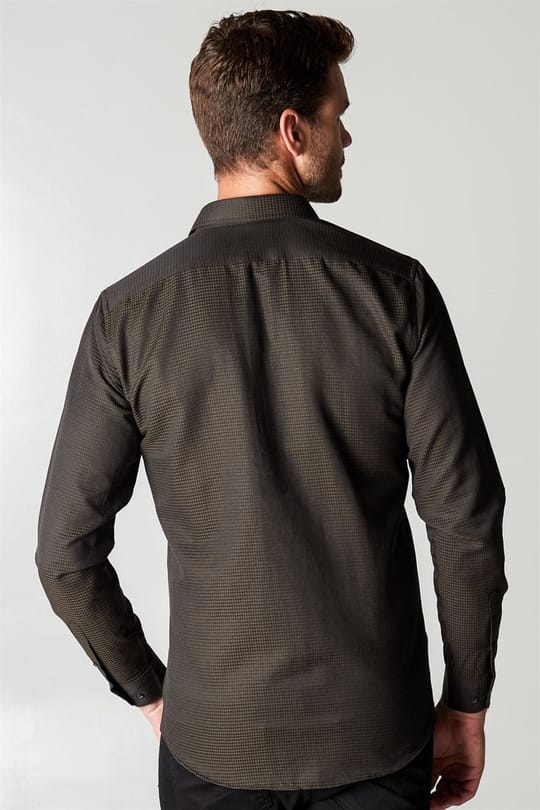 Modern Slim Fit Uzun Kollu Pamuklu Kolay Ütü Armürlü Erkek Haki Gömlek