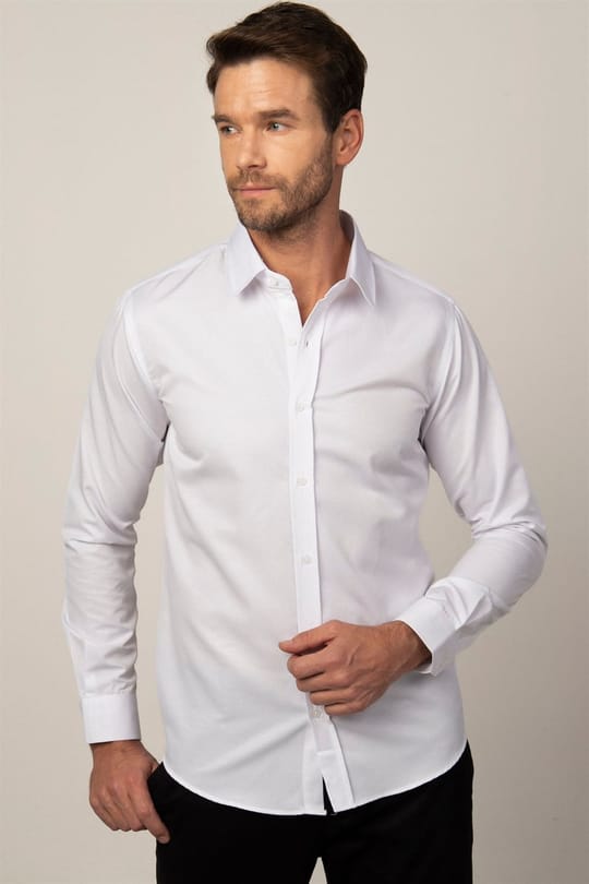 Modern Slim Fit Uzun Kollu Pamuklu Kolay Ütü Armürlü Erkek Beyaz Gömlek