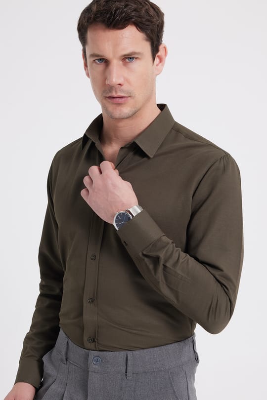 Modern Slim Fit Pamuklu Kolay Ütü Armürlü Erkek Gömlek