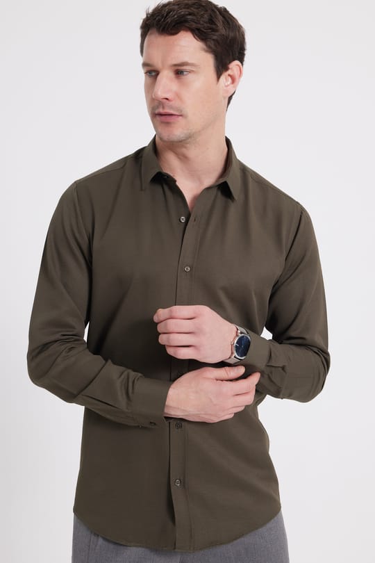 Modern Slim Fit Pamuklu Kolay Ütü Armürlü Erkek Gömlek
