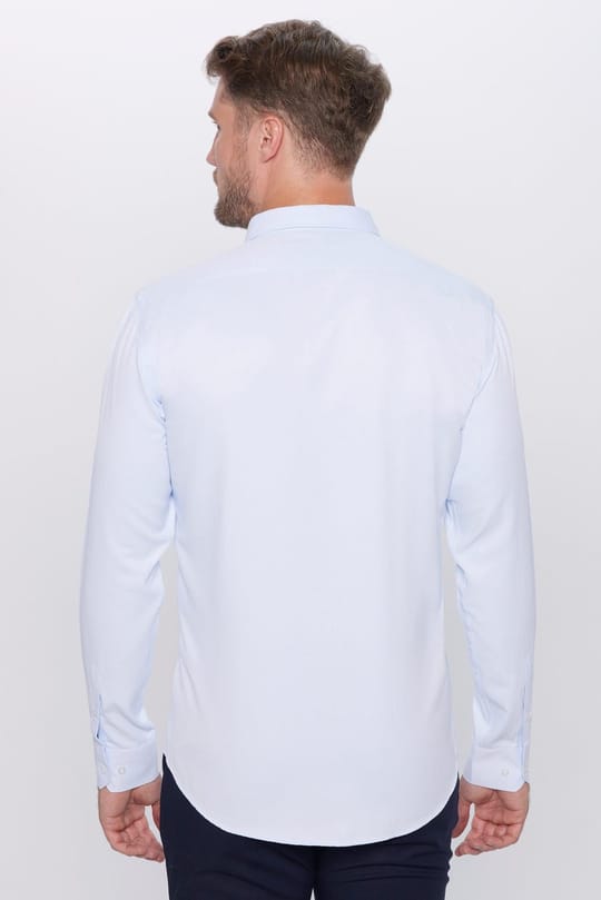 Erkek Modern Fit Dar Kesim Pamuklu Kolay Ütü Armürlü Mavi Gömlek