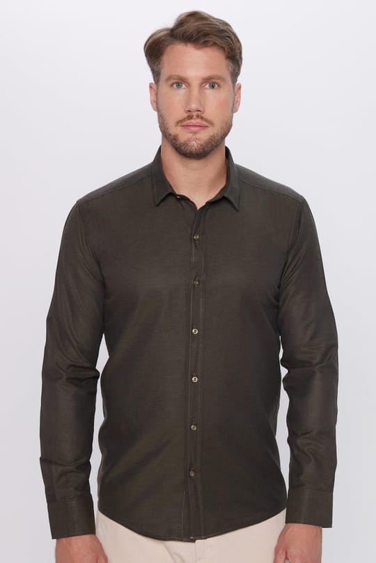 Erkek Modern Fit Dar Kesim Pamuklu Kolay Ütü Armürlü Haki Gömlek