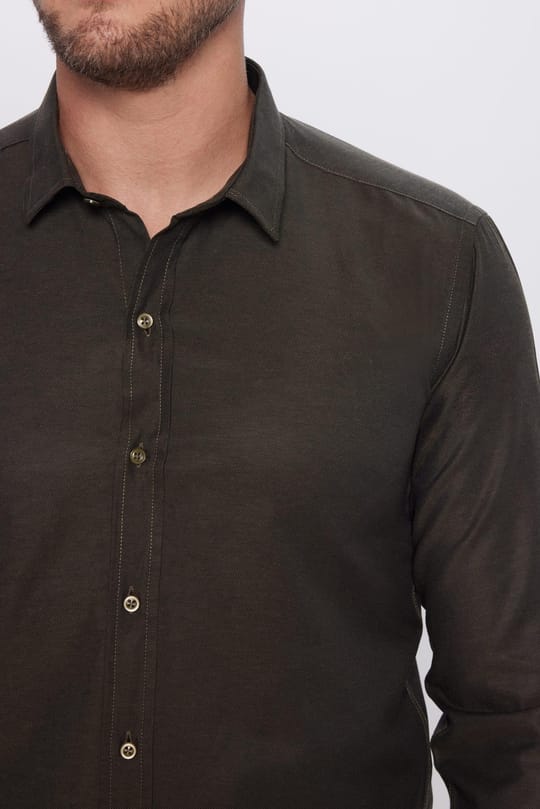 Erkek Modern Fit Dar Kesim Pamuklu Kolay Ütü Armürlü Haki Gömlek