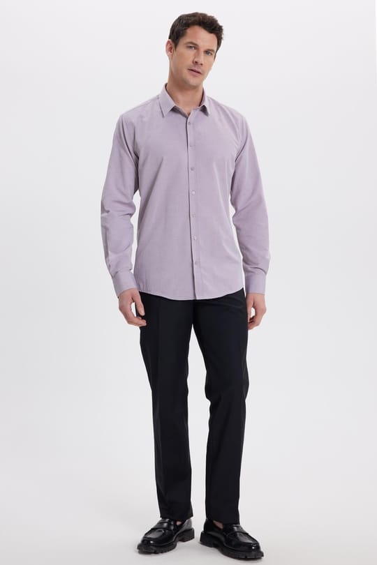 Modern Slim Fit Uzun Kollu Pamuklu Kolay Ütü Armürlü Gül Kurusu Erkek Gömlek