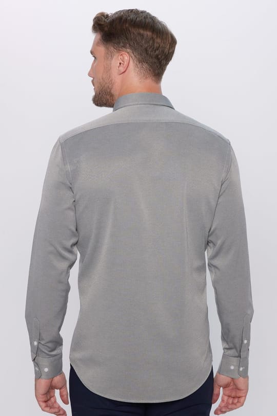 Erkek Modern Fit Dar Kesim Pamuklu Kolay Ütü Armürlü Gri Gömlek