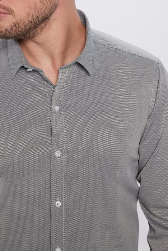 Erkek Modern Fit Dar Kesim Pamuklu Kolay Ütü Armürlü Gri Gömlek