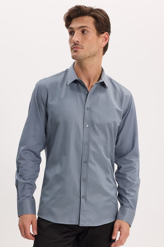 Modern Slim Fit Uzun Kollu Pamuklu Kolay Ütü Armürlü Gri Erkek Gömlek