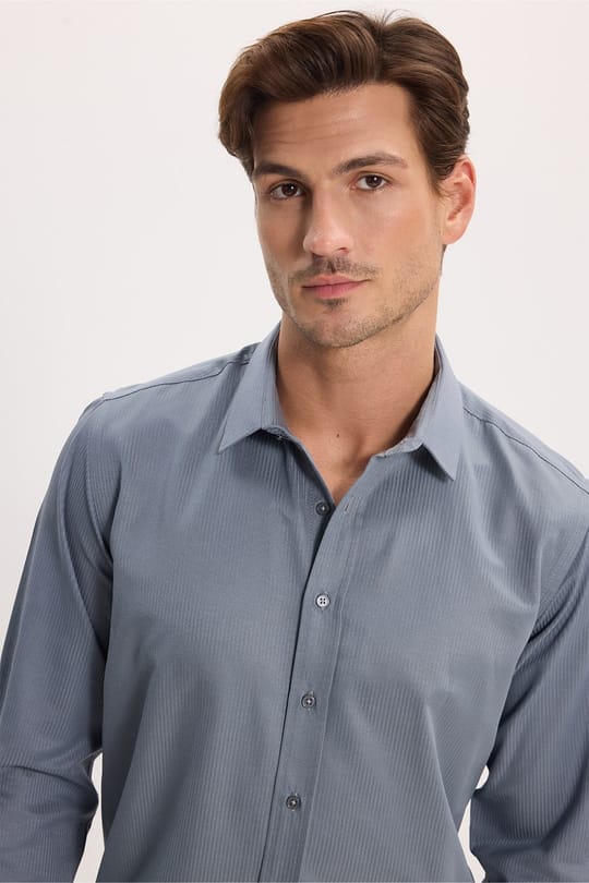 Modern Slim Fit Uzun Kollu Pamuklu Kolay Ütü Armürlü Gri Erkek Gömlek