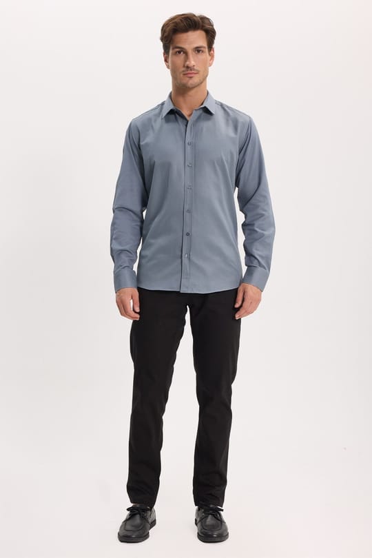 Modern Slim Fit Uzun Kollu Pamuklu Kolay Ütü Armürlü Gri Erkek Gömlek