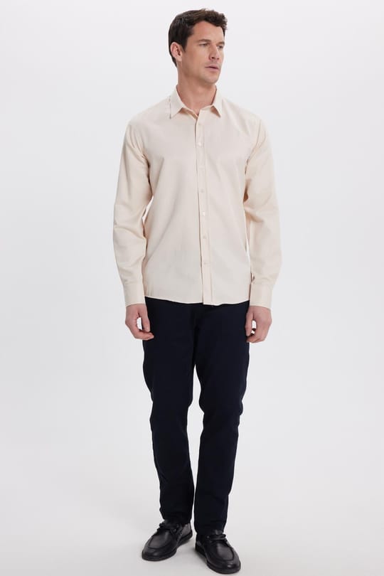 Modern Slim Fit Uzun Kollu Pamuklu Kolay Ütü Armürlü Bej Erkek Gömlek