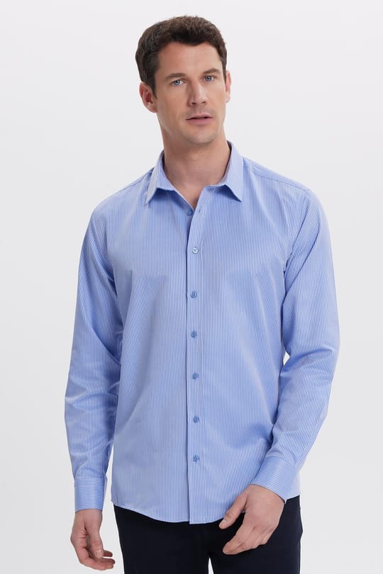 Modern Slim Fit Uzun Kollu Pamuklu Kolay Ütü Armürlü Saks Mavi Erkek Gömlek