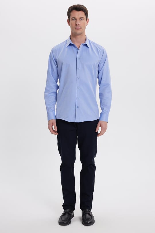 Modern Slim Fit Uzun Kollu Pamuklu Kolay Ütü Armürlü Saks Mavi Erkek Gömlek