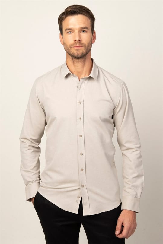 Modern Slim Fit Pamuklu Kolay Ütü Armürlü Erkek Gömlek