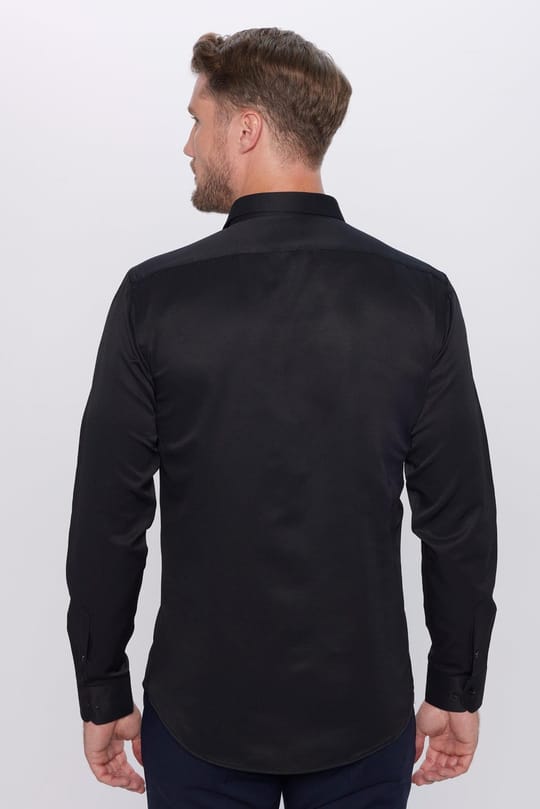 Erkek Modern Fit Dar Kesim Pamuklu Kolay Ütü Armürlü Siyah Gömlek