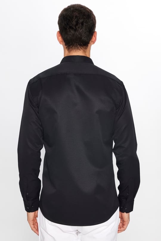 Erkek Modern Slim Fit Dar Kesim Uzun Kollu Pamuklu Kolay Ütü Armürlü Siyah Gömlek