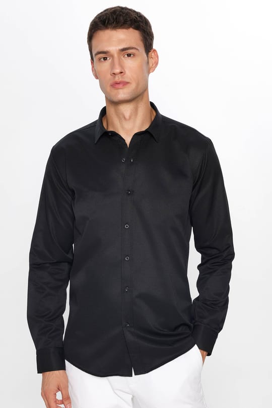 Erkek Modern Slim Fit Dar Kesim Uzun Kollu Pamuklu Kolay Ütü Armürlü Siyah Gömlek