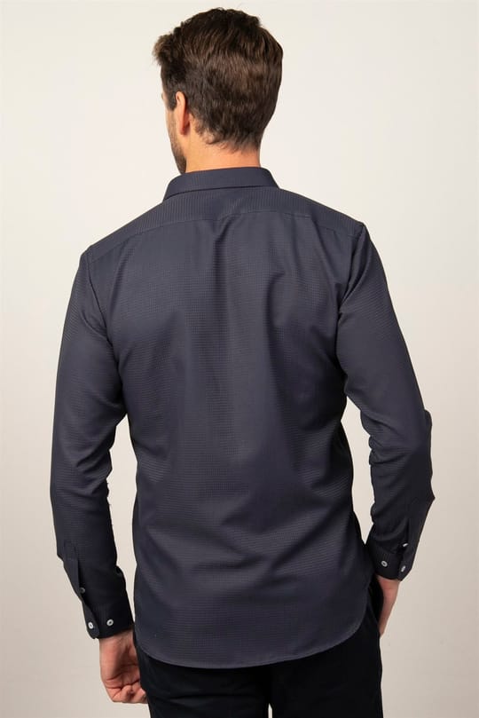 Modern Fit Uzun Kollu Armürlü Kravatlık Erkek Lacivert Gömlek
