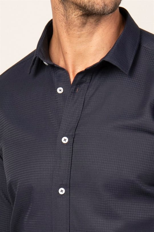 Modern Fit Uzun Kollu Armürlü Kravatlık Erkek Lacivert Gömlek