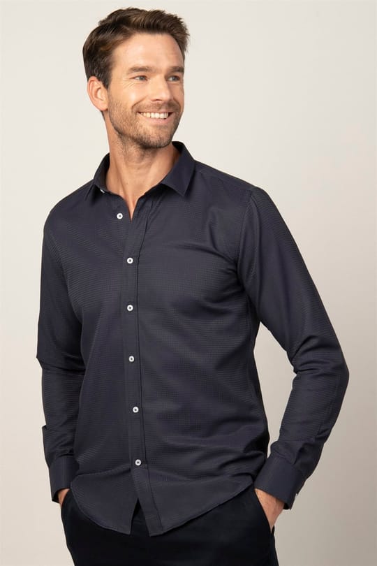 Modern Fit Uzun Kollu Armürlü Kravatlık Erkek Lacivert Gömlek