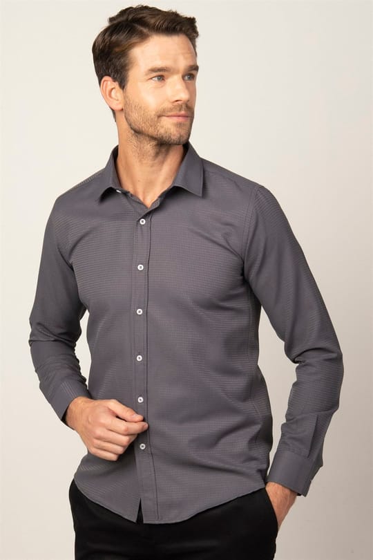 Modern Fit Uzun Kollu Armürlü Kravatlık Erkek Gri Gömlek