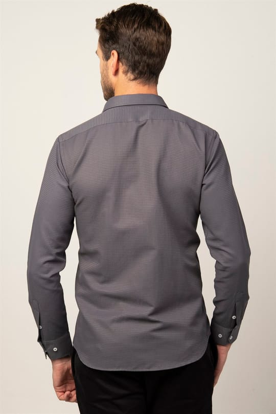 Modern Fit Uzun Kollu Armürlü Kravatlık Erkek Gri Gömlek