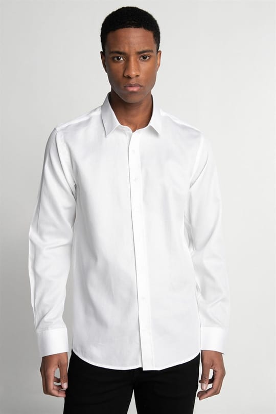Modern Fit Uzun Kollu %100 Cotton Armürlü Premium Seri Erkek Beyaz Gömlek