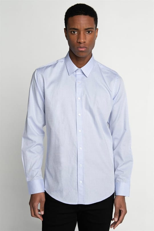 Modern Fit Uzun Kollu %100 Cotton Armürlü Premium Seri Erkek Mavi Gömlek