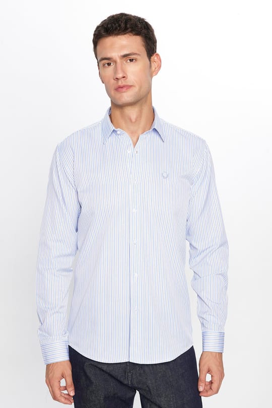 Erkek Modern Slim Fit Dar Kesim Uzun Kollu Pamuklu Çizgili Gömlek
