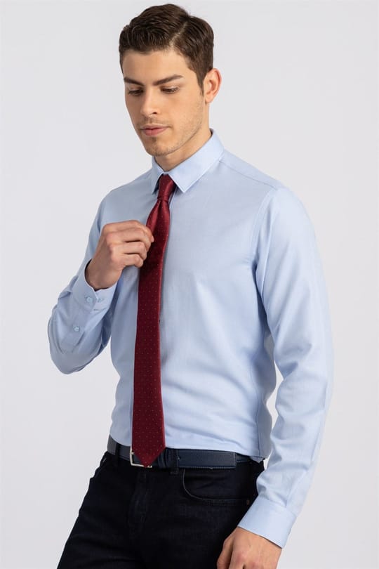Modern Slim Fit Uzun Kollu Pamuklu Kolay Ütü Armürlü Erkek Mavi Gömlek