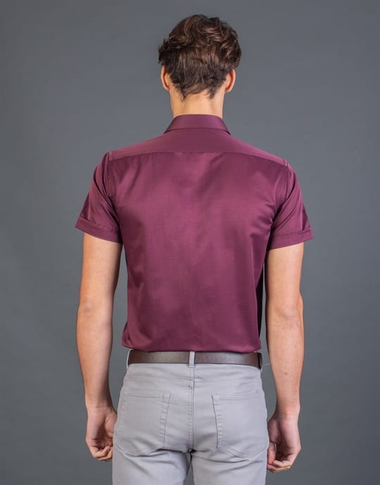 Modern Slim Fit Kısa Kollu Düz Saten Erkek Bordo Gömlek