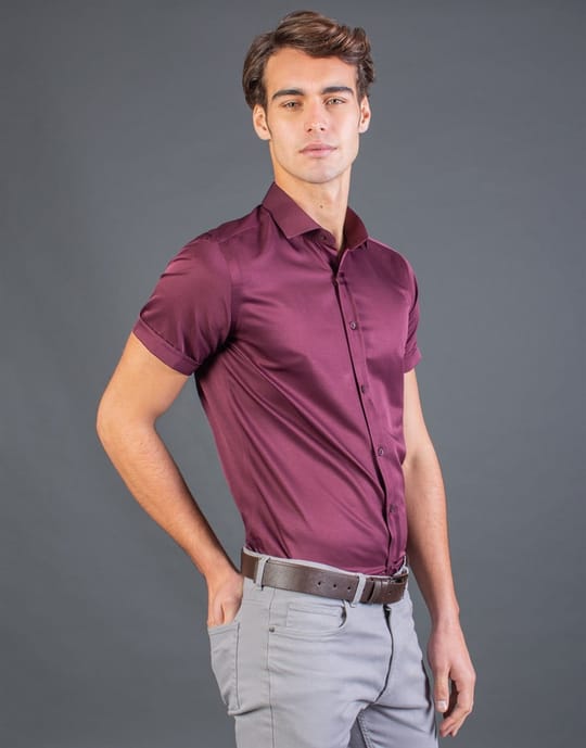 Modern Slim Fit Kısa Kollu Düz Saten Erkek Bordo Gömlek