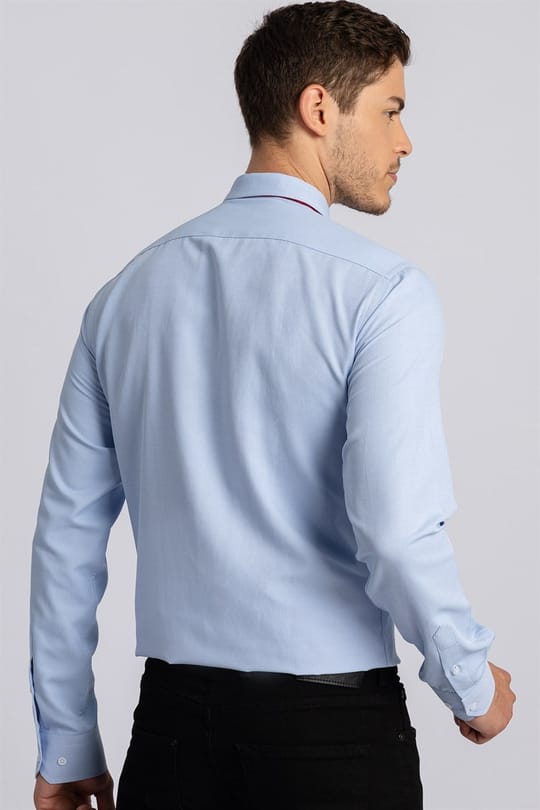 Modern Slim Fit Uzun Kollu Pamuklu Kolay Ütü Armürlü Erkek Mavi Gömlek