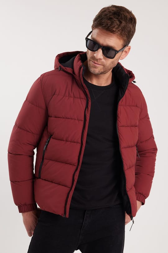 Erkek Relax Fit Rahat Kesim Çift Cepli Çıkarılabilir Kapüşonlu Sıcak Tutan Bordo Şişme Mont