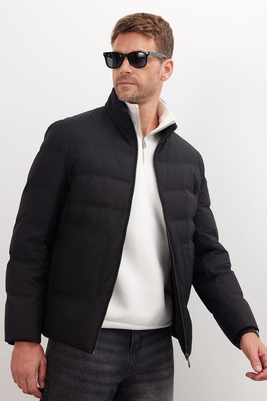 Erkek Regular Fit Normal Kesim Kaz Tüyü Çift Cepli Fermuarlı Siyah Mont