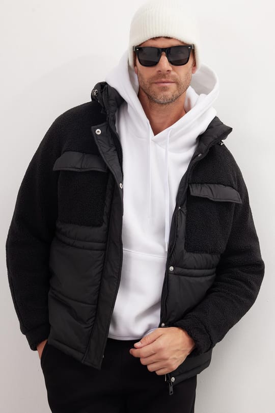 Erkek Regular Fit Klasik Kesim Kapüşonlu Fermuarlı Çıtçıt Kapamalı Siyah Mont