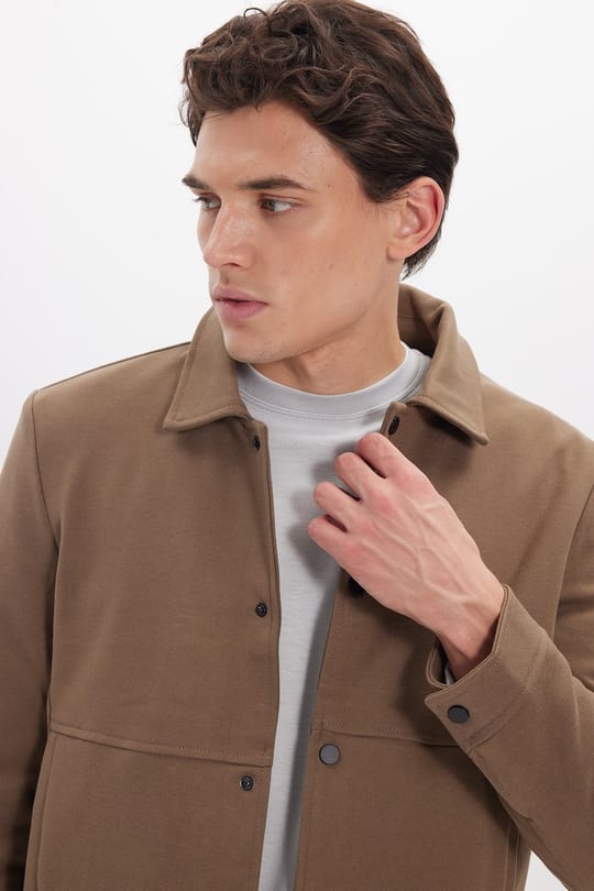 Erkek Slim Fit Dar Kesim Çift Cepli Çıtçıt Kapamalı Kahverengi Mont