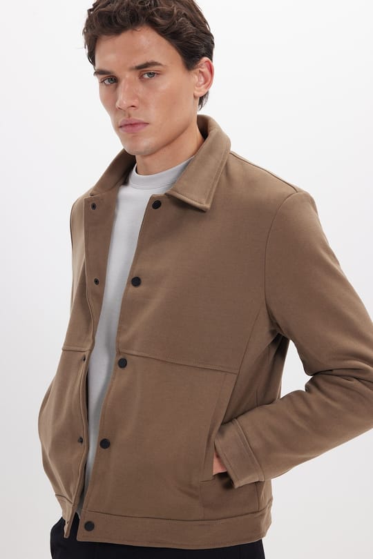 Erkek Slim Fit Dar Kesim Çift Cepli Çıtçıt Kapamalı Kahverengi Mont