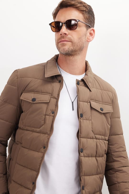 Erkek Regular Fit Klasik Kesim Çift Cepli Çıtçıt Kapamalı Sıcak Tutan Kahverengi Mont